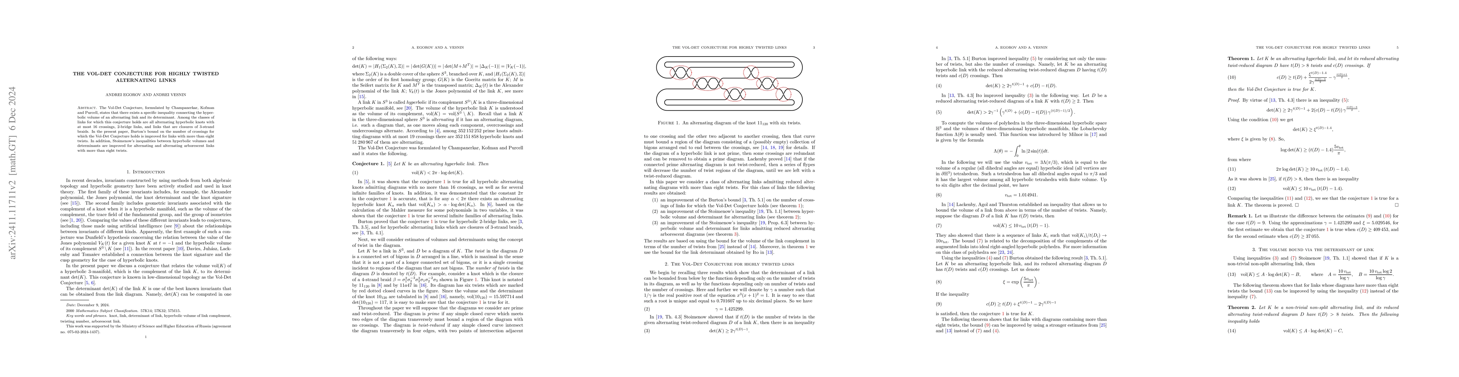 Thumbnail for The Vol-Det Conjecture for highly twisted alternating links