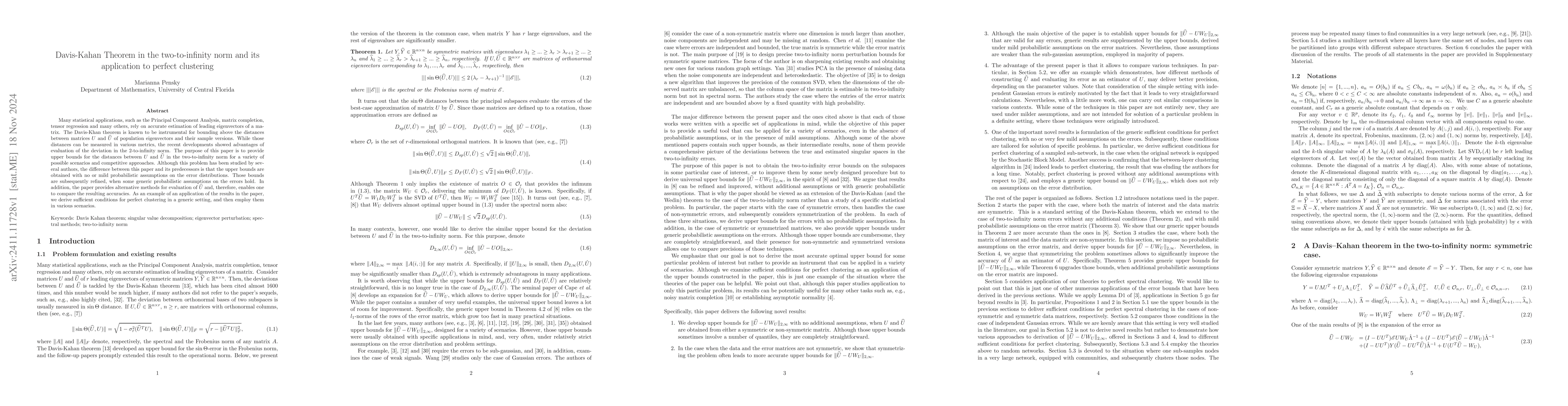 Thumbnail for Davis-Kahan Theorem in the two-to-infinity norm and its application to
  perfect clustering