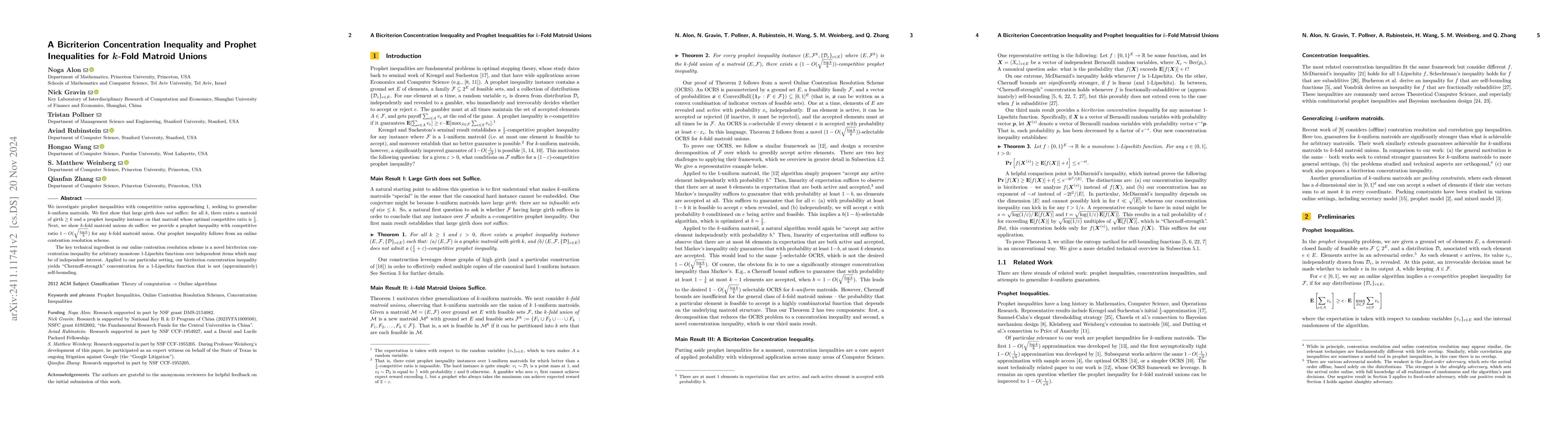 Thumbnail for A Bicriterion Concentration Inequality and Prophet Inequalities for
  $k$-Fold Matroid Unions