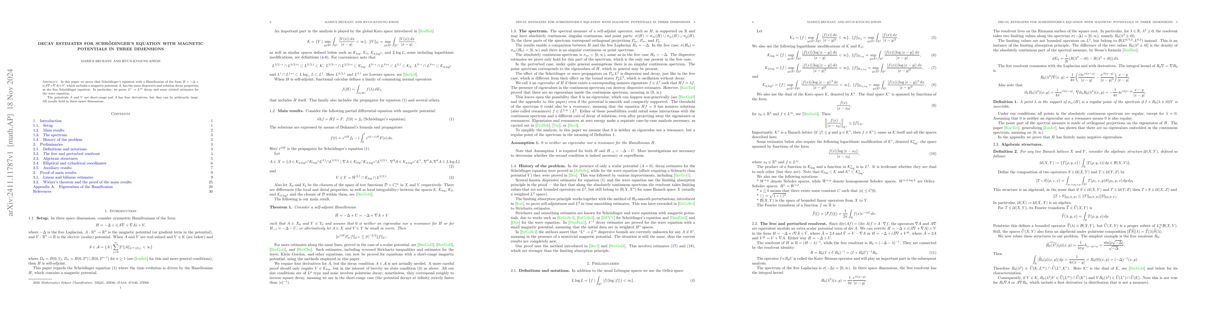 Thumbnail for Decay estimates for Schrödinger's equation with magnetic potentials
  in three dimensions