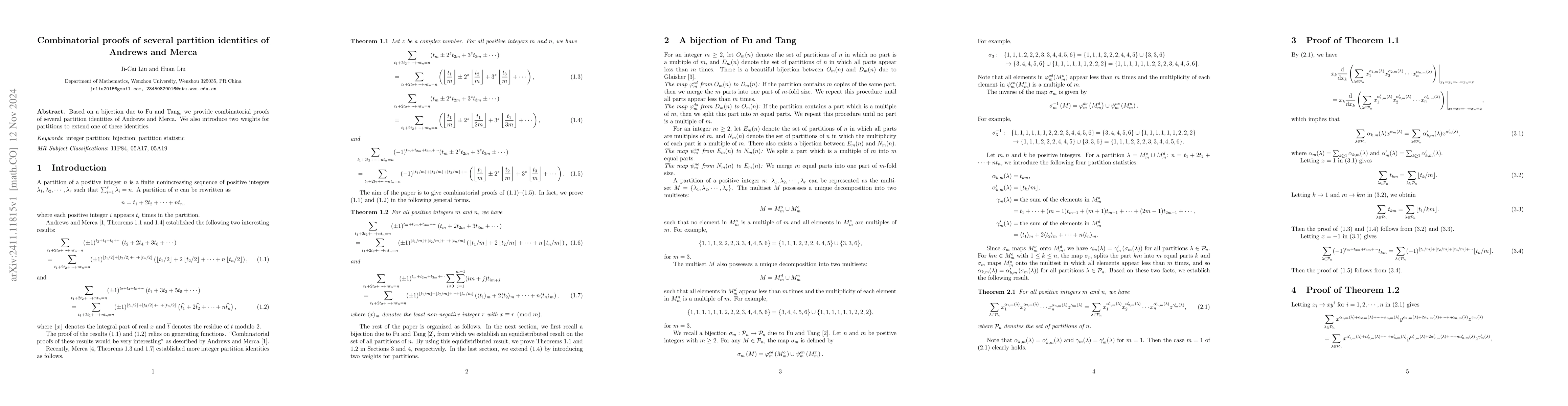 Thumbnail for Combinatorial proofs of several partition identities of Andrews and
  Merca