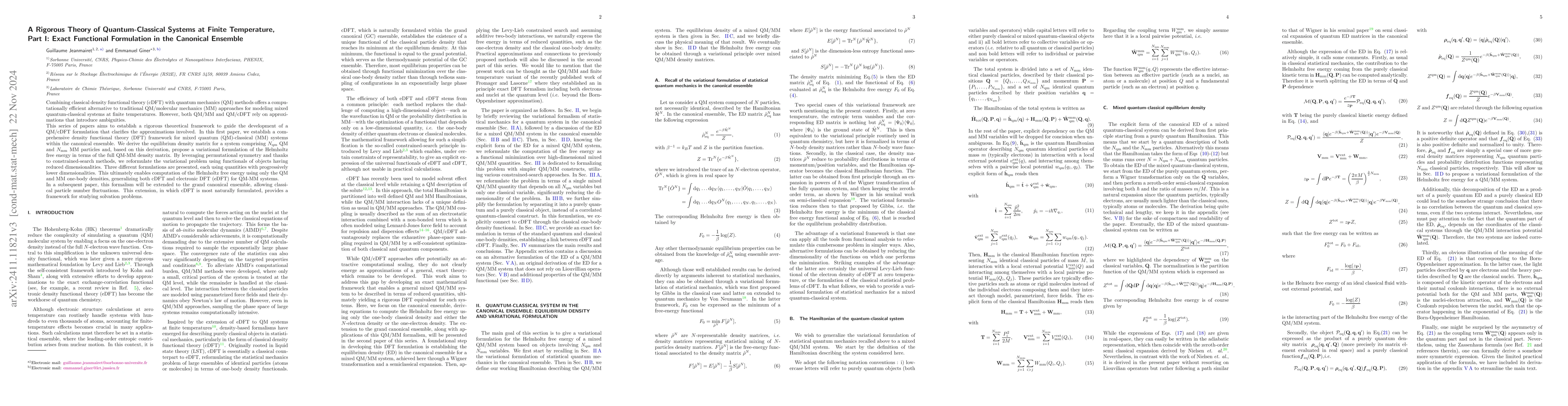 Thumbnail for A Rigorous Theory of Quantum-Classical Systems at Finite Temperature,
  Part I: Exact Functional Formulation in the Canonical Ensemble