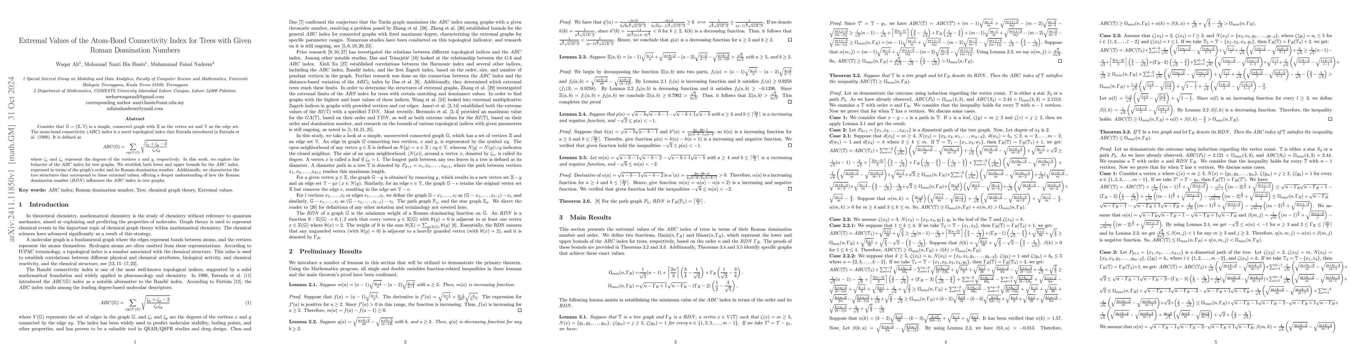 Thumbnail for Extremal Values of the Atom-Bond Connectivity Index for Trees with Given
  Roman Domination Numbers