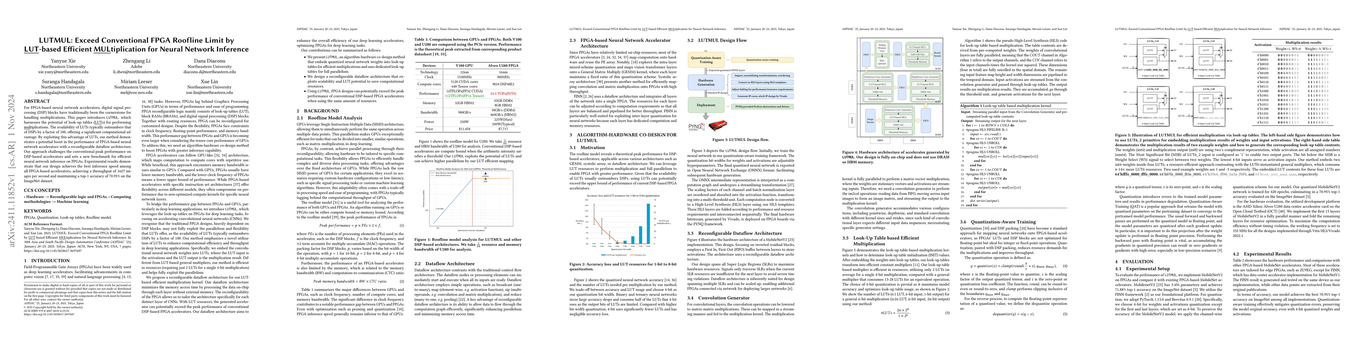 Thumbnail for LUTMUL: Exceed Conventional FPGA Roofline Limit by LUT-based Efficient
  Multiplication for Neural Network Inference