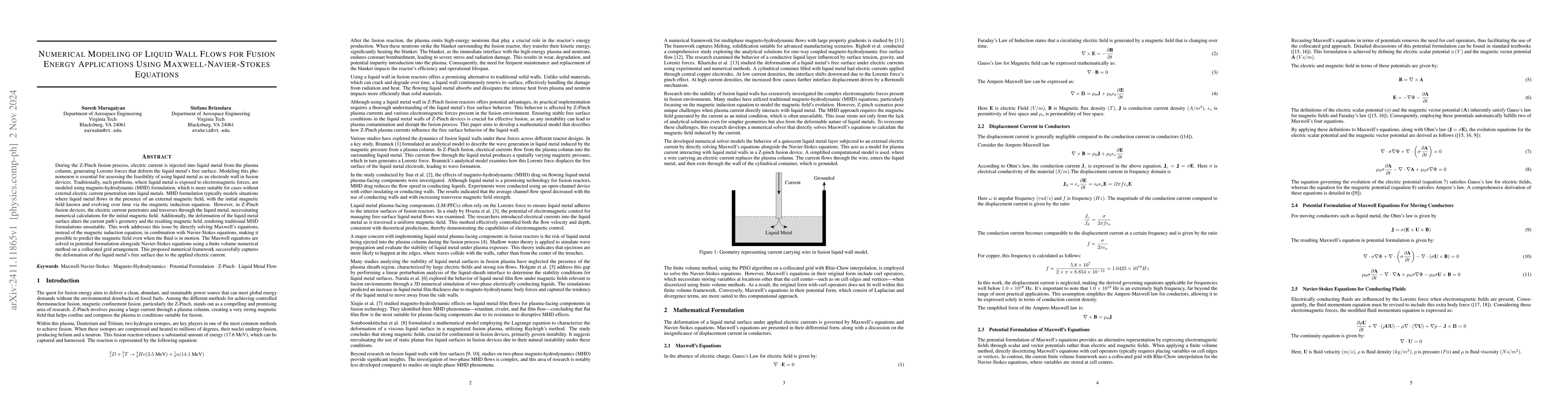 Thumbnail for Numerical Modeling of Liquid Wall Flows for Fusion Energy Applications
  Using Maxwell-Navier-Stokes Equations