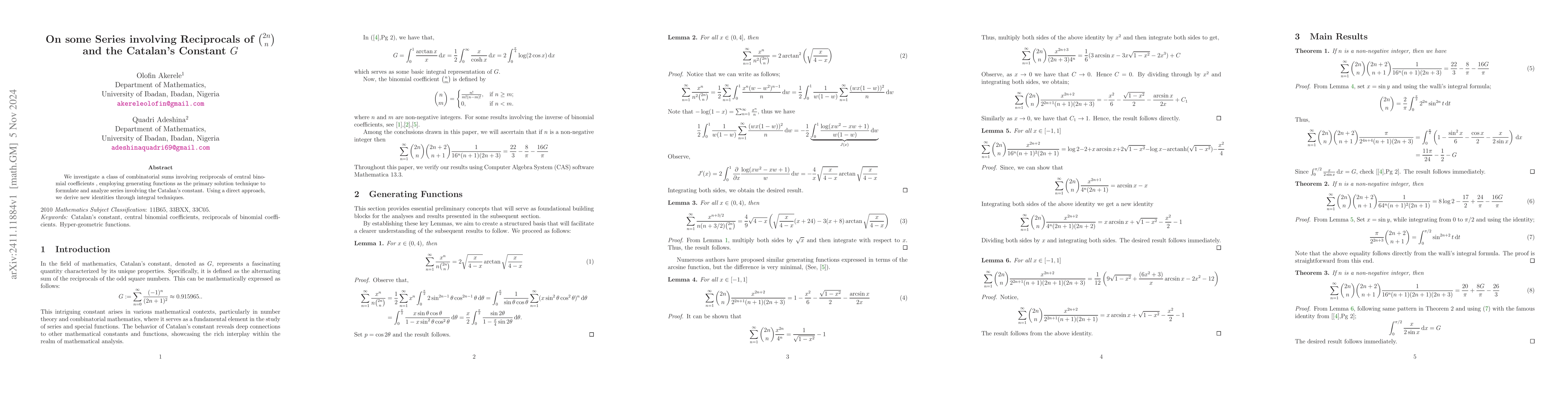 Thumbnail for On some Series involving Reciprocals of $\binom{2n}{n}$ and the
  Catalan's Constant $G$