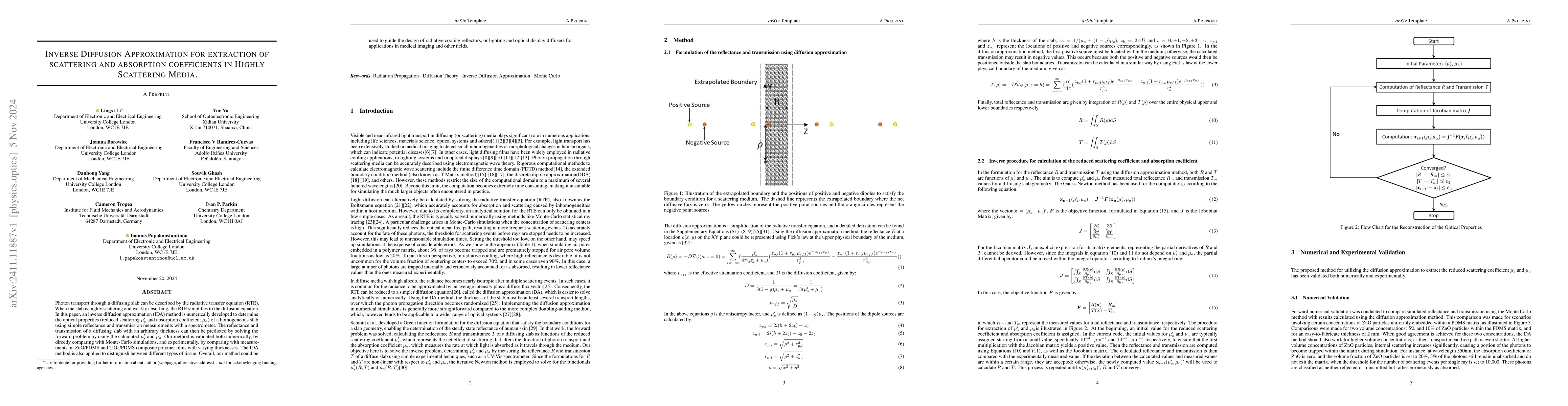 Thumbnail for Inverse Diffusion Approximation for Extraction of Scattering and
  Absorption Coefficients in Highly Scattering Media