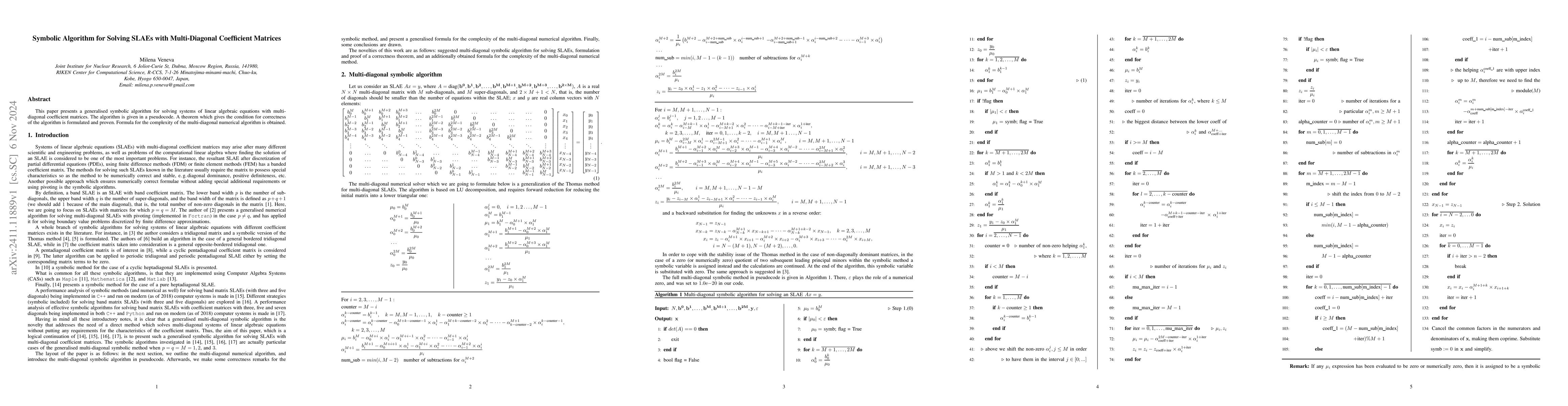 Thumbnail for Symbolic Algorithm for Solving SLAEs with Multi-Diagonal Coefficient
  Matrices