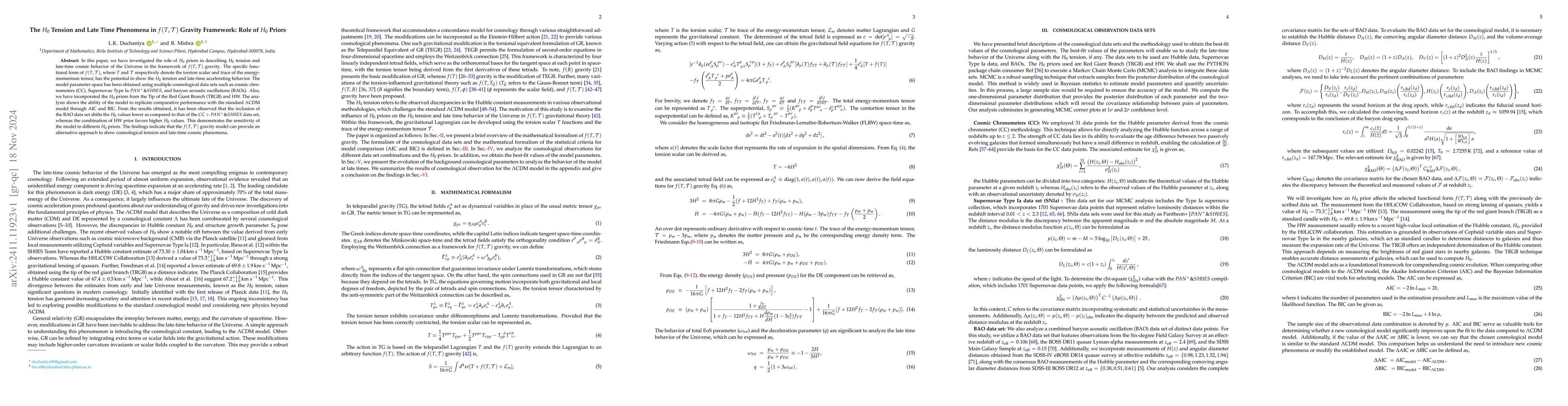 Thumbnail for The H_0 Tension and Late Time Phenomena in f(T,\mathcal{T}) Gravity
  Framework: Role of H_0 Priors