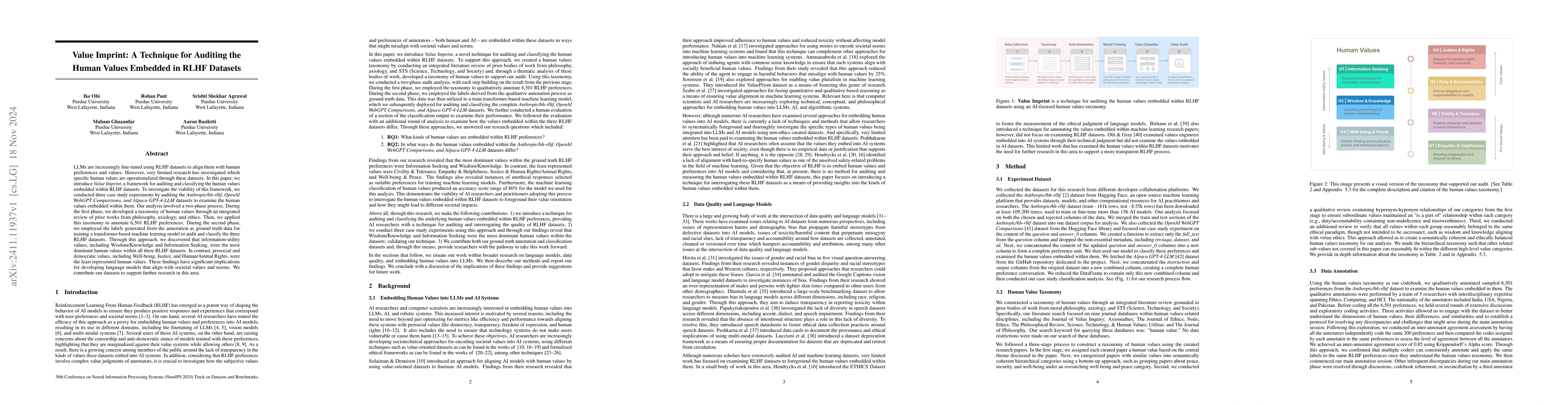 Thumbnail for Value Imprint: A Technique for Auditing the Human Values Embedded in
  RLHF Datasets
