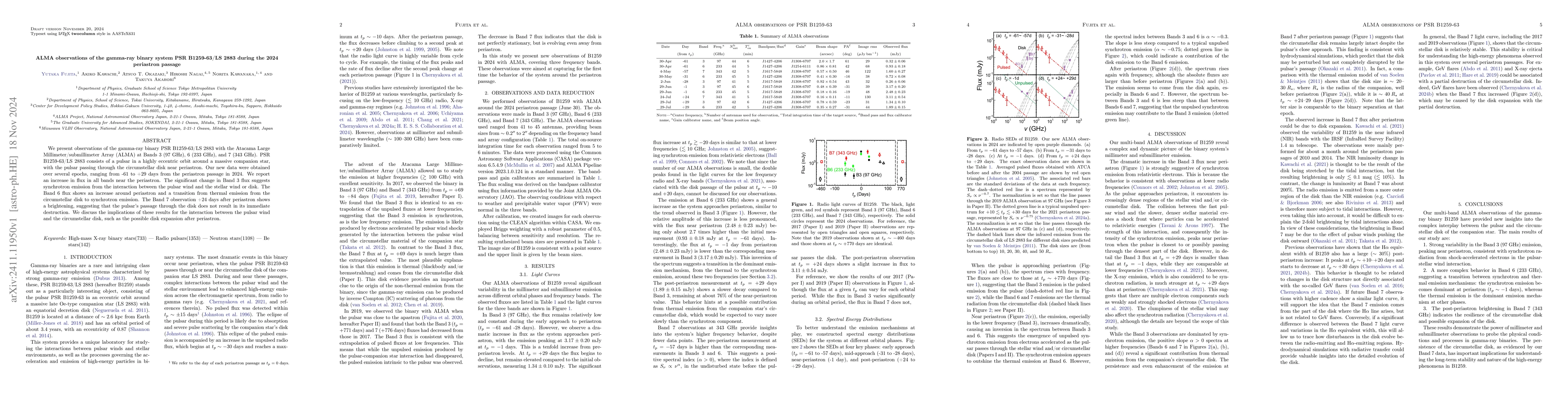 Thumbnail for ALMA observations of the gamma-ray binary system PSR B1259-63/LS 2883
  during the 2024 periastron passage
