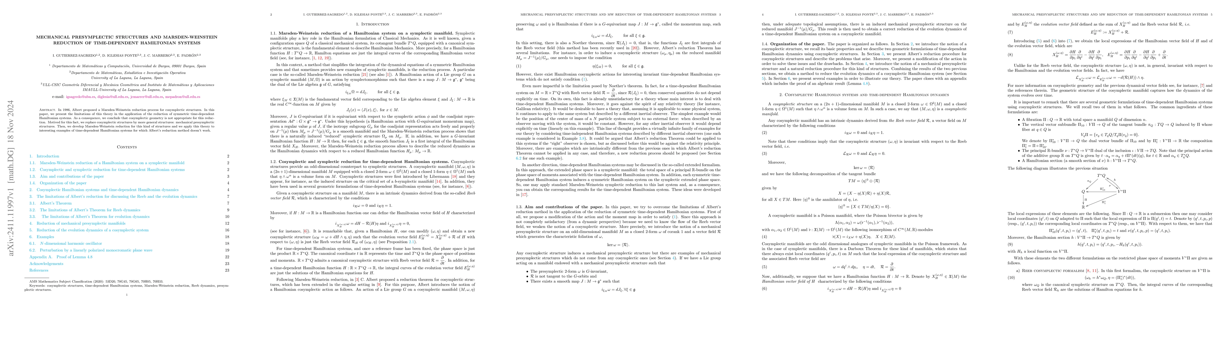 Thumbnail for Mechanical presymplectic structures and Marsden-Weinstein reduction of
  time-dependent Hamiltonian systems