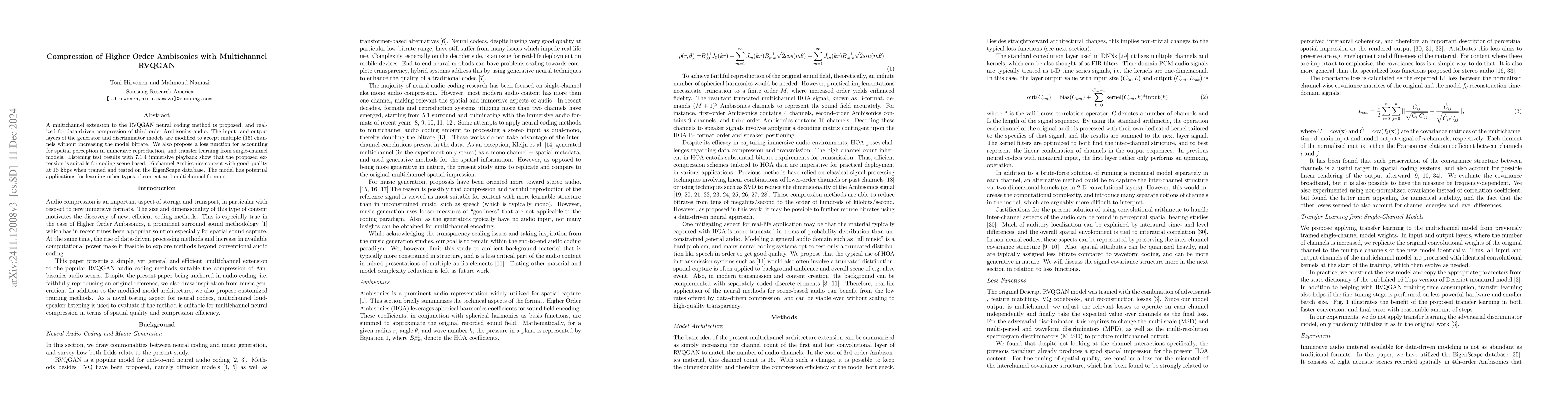 Thumbnail for Compression of Higher Order Ambisonics with Multichannel RVQGAN