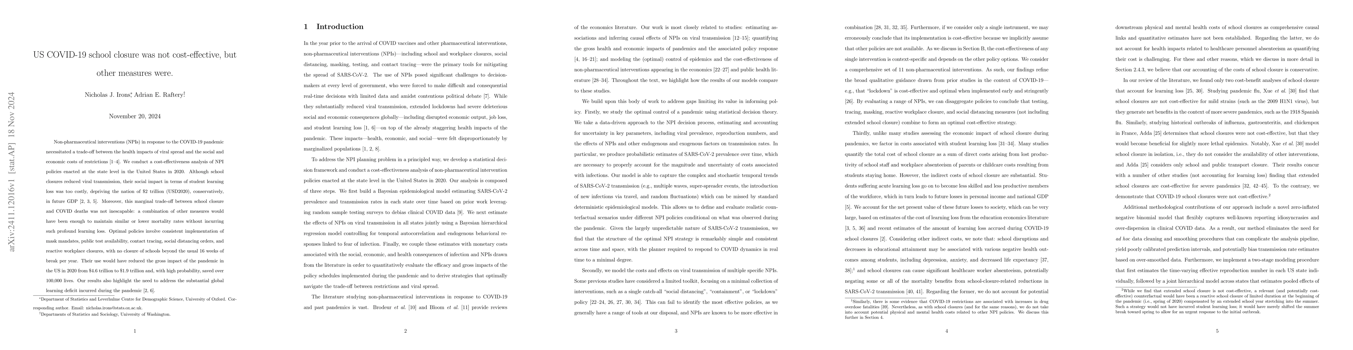 Thumbnail for US COVID-19 school closure was not cost-effective, but other measures
  were