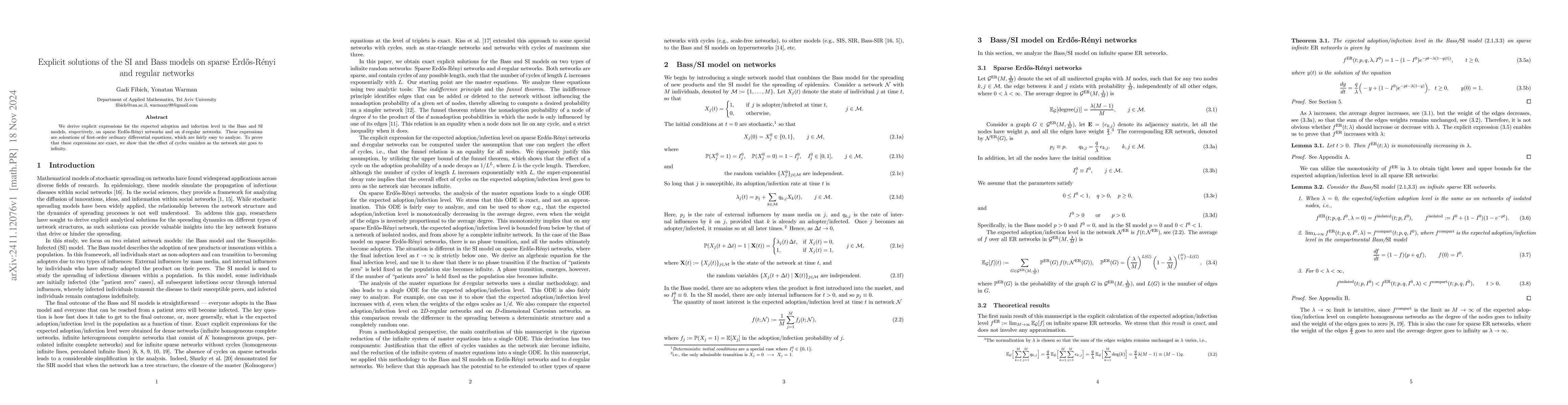 Thumbnail for Explicit solutions of the SI and Bass models on sparse Erdős-Rényi
  and regular networks