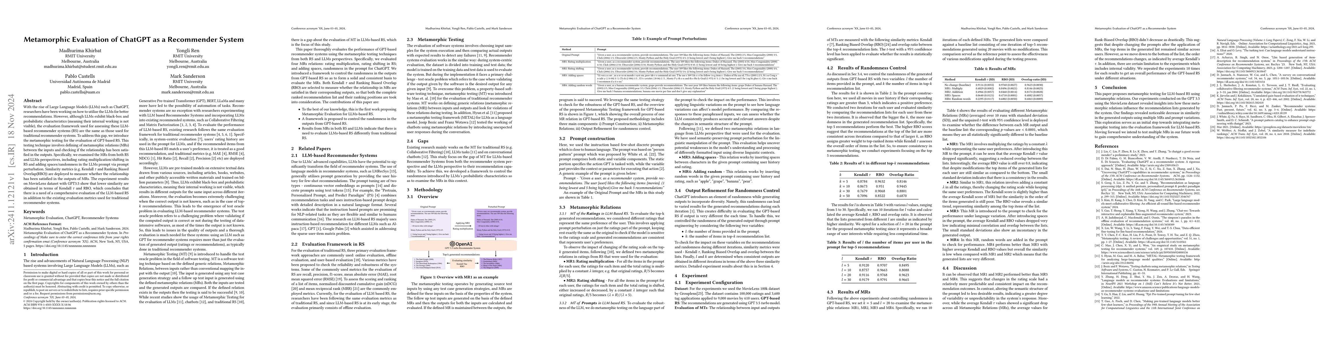 Thumbnail for Metamorphic Evaluation of ChatGPT as a Recommender System