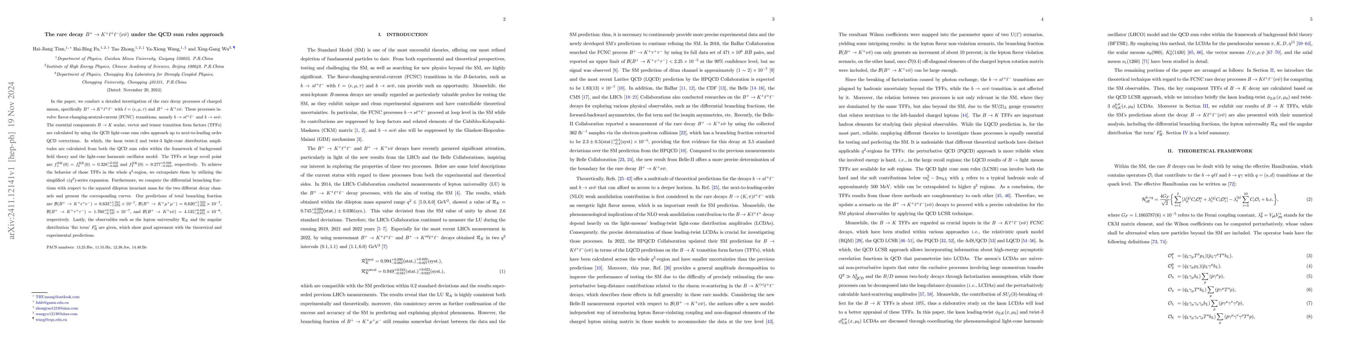 Thumbnail for The rare decay $B^+ \to K^+\ell^+\ell^-(ν\barν)$ under the QCD sum
  rules approach