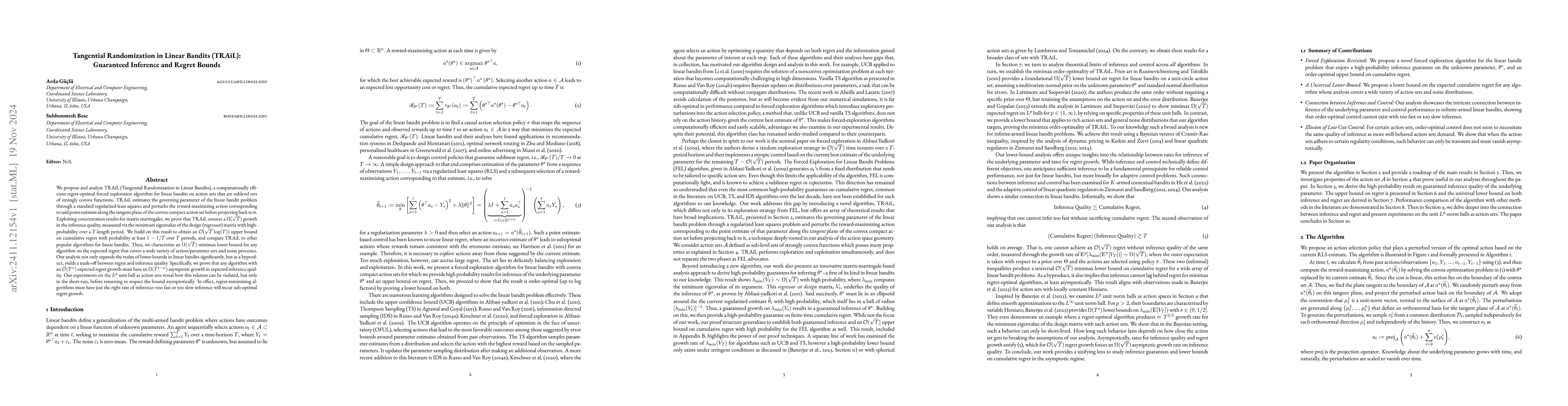Thumbnail for Tangential Randomization in Linear Bandits (TRAiL): Guaranteed Inference
  and Regret Bounds
