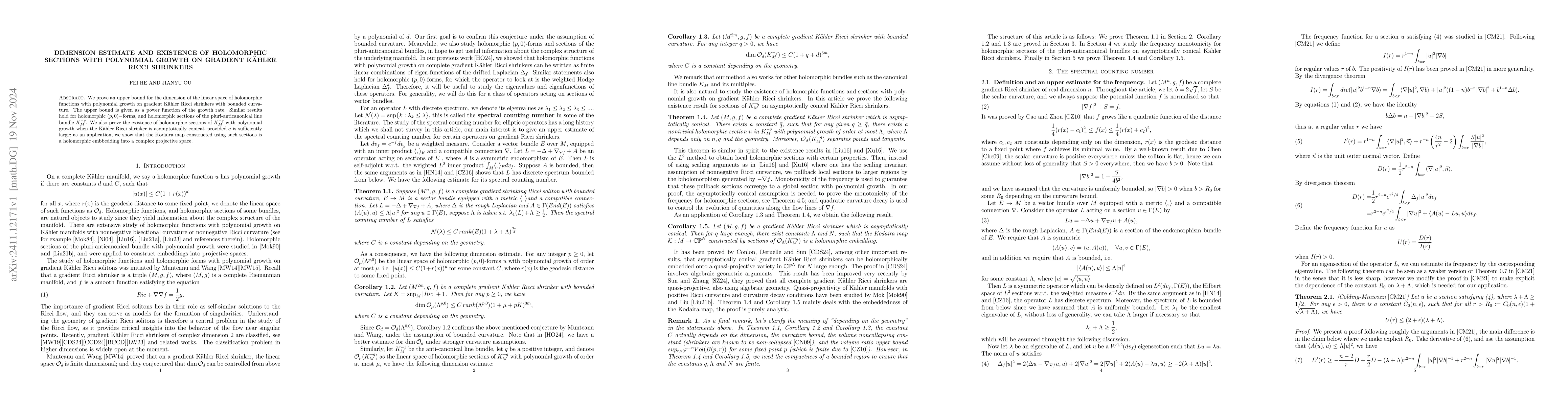 Thumbnail for Dimension estimate and existence of holomorphic sections with polynomial
  growth on gradient Kähler Ricci shrinkers