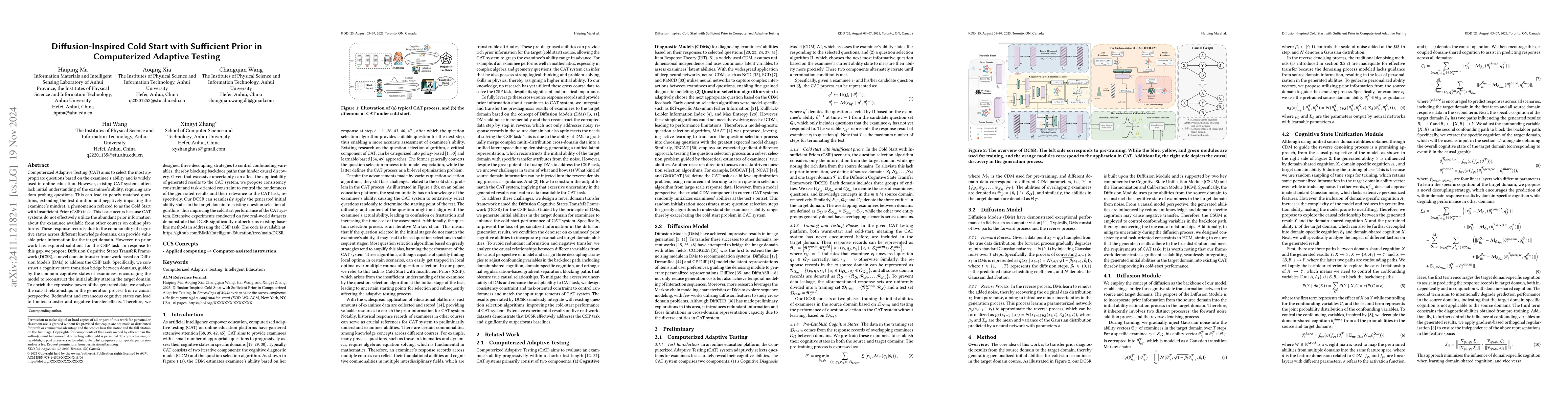 Thumbnail for Diffusion-Inspired Cold Start with Sufficient Prior in Computerized
  Adaptive Testing
