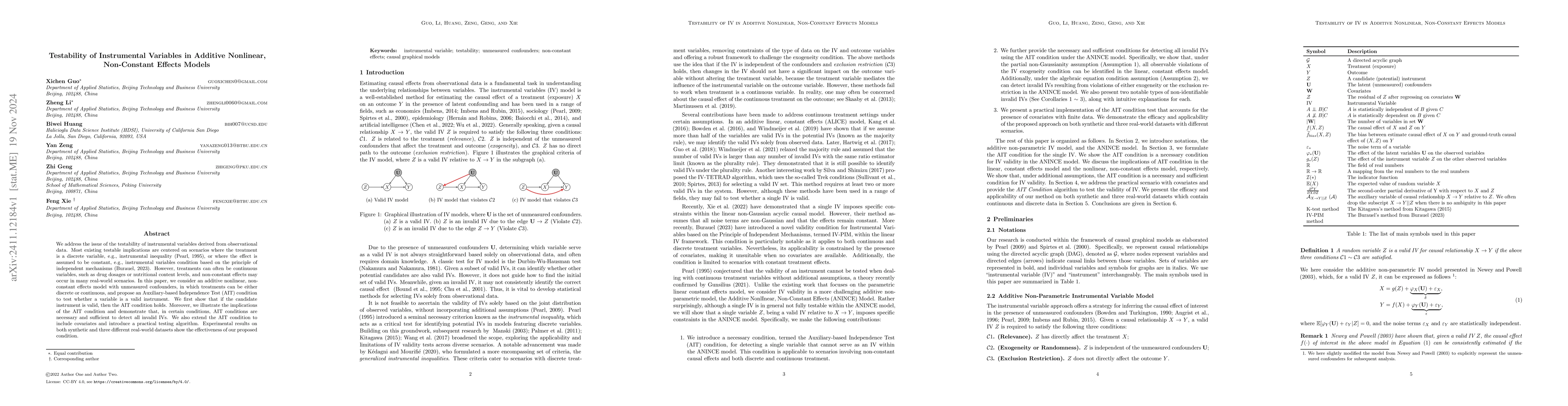 Thumbnail for Testability of Instrumental Variables in Additive Nonlinear,
  Non-Constant Effects Models