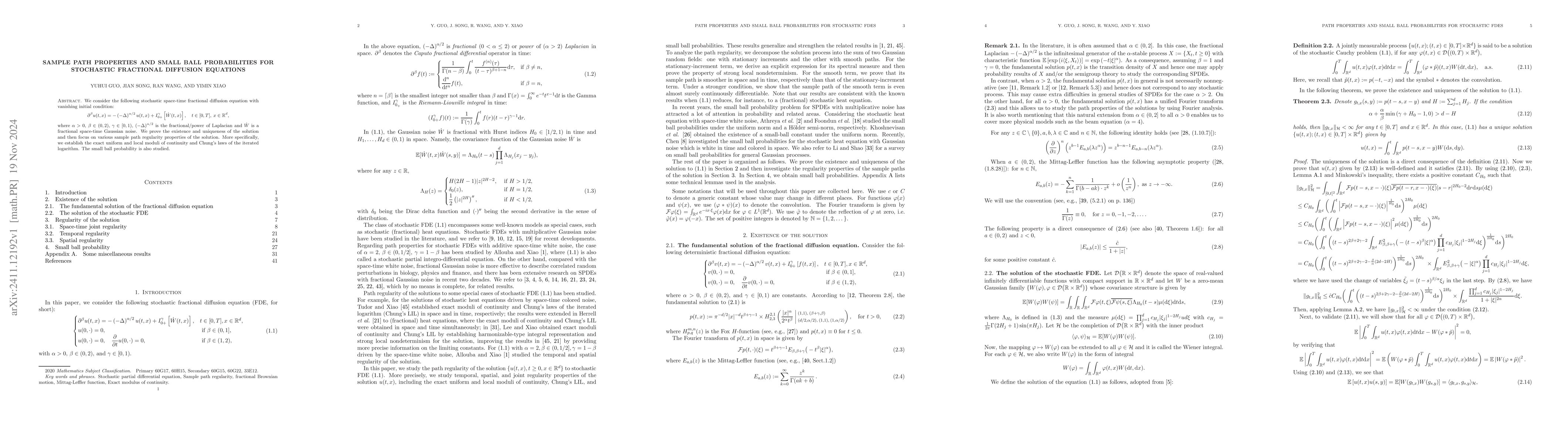 Thumbnail for Sample path properties and small ball probabilities for stochastic
  fractional diffusion equations