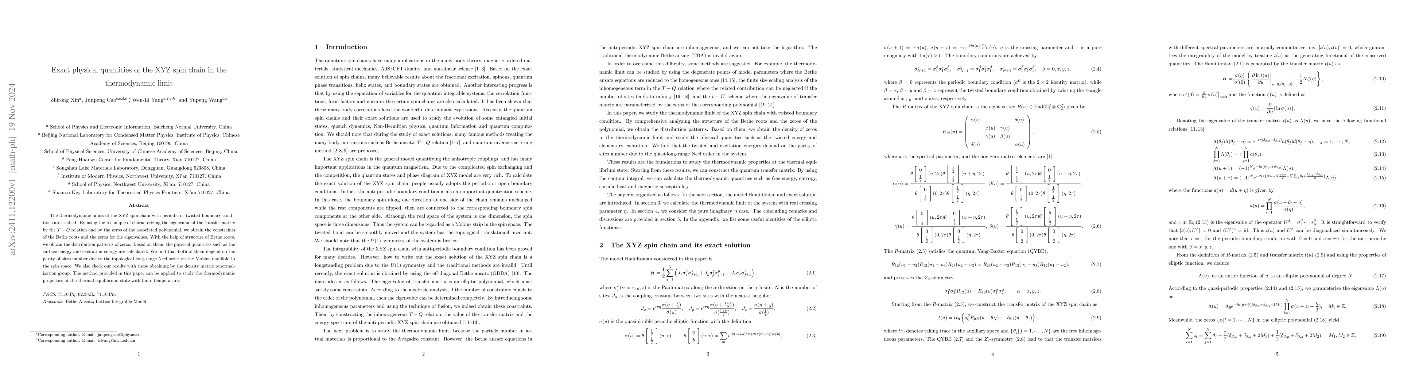 Thumbnail for Exact physical quantities of the XYZ spin chain in the thermodynamic
  limit