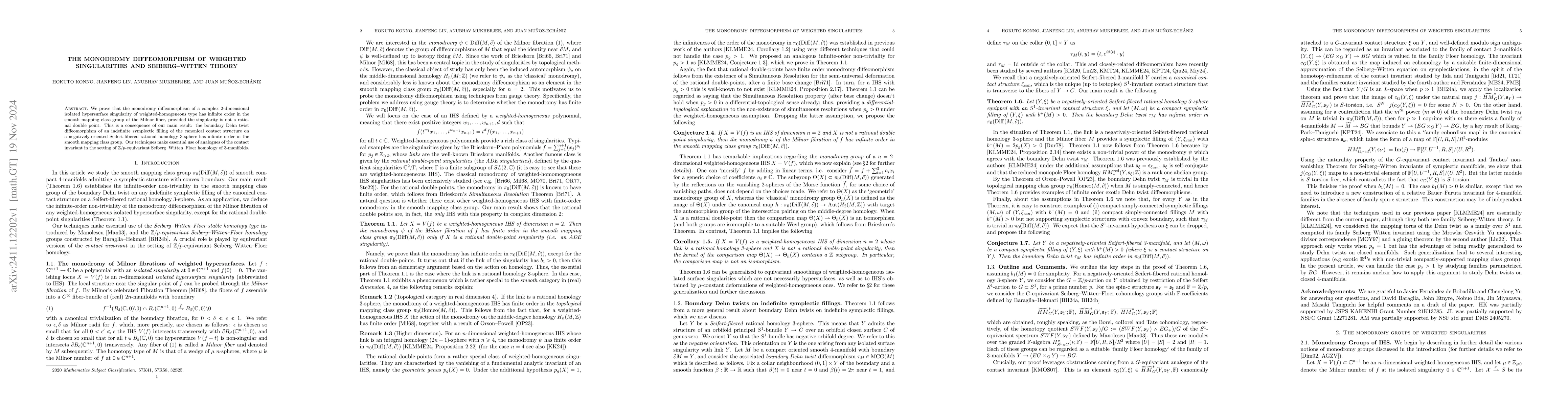 Thumbnail for The monodromy diffeomorphism of weighted singularities and
  Seiberg--Witten theory