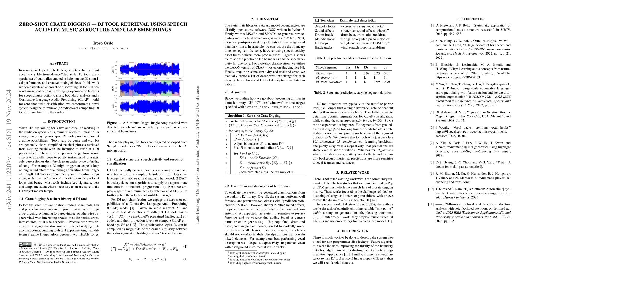 Thumbnail for Zero-Shot Crate Digging: DJ Tool Retrieval Using Speech Activity, Music
  Structure And CLAP Embeddings