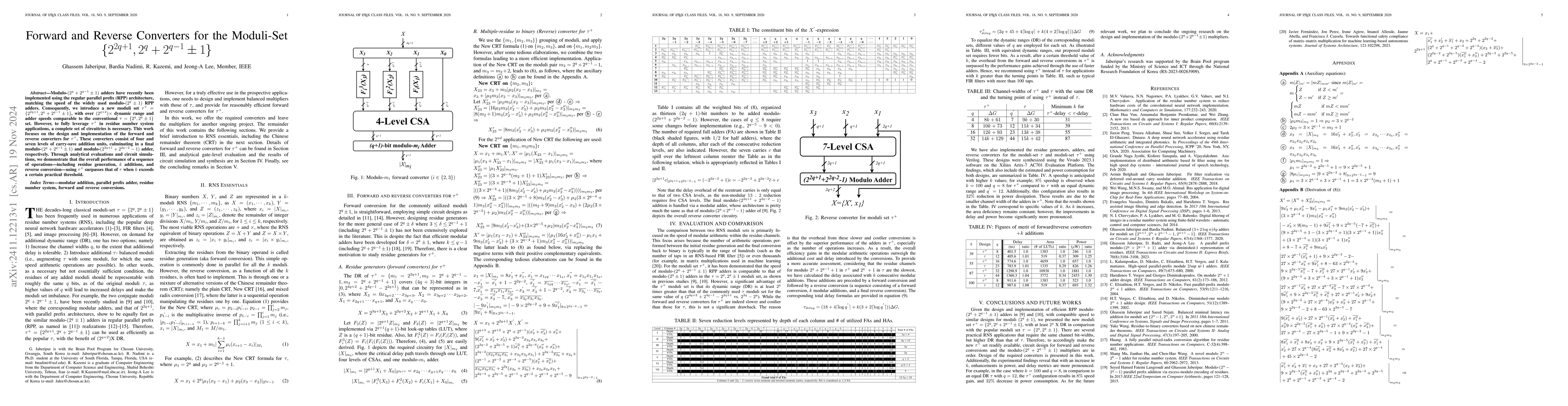 Thumbnail for Forward and Reverse Converters for the Moduli-Set
  $\{2^{2q+1},2^q+2^{q-1}\pm1\}$