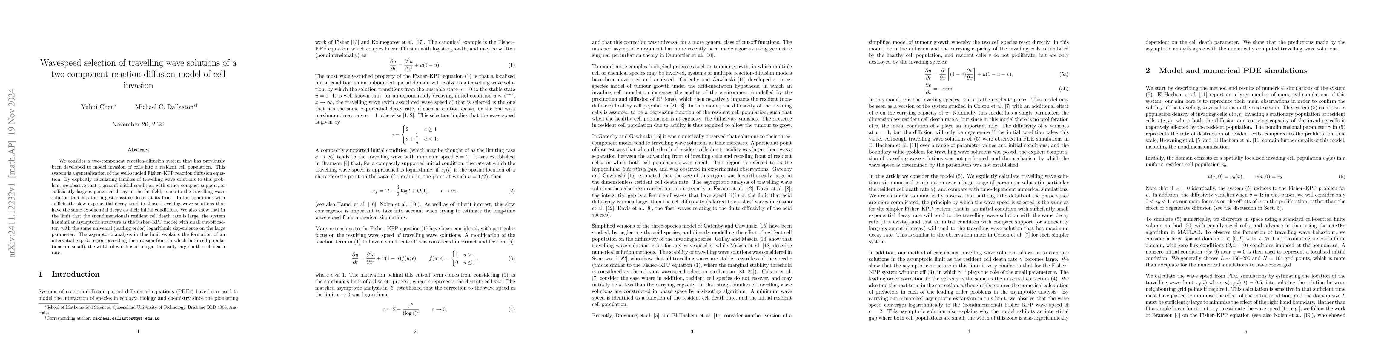 Thumbnail for Wavespeed selection of travelling wave solutions of a two-component
  reaction-diffusion model of cell invasion