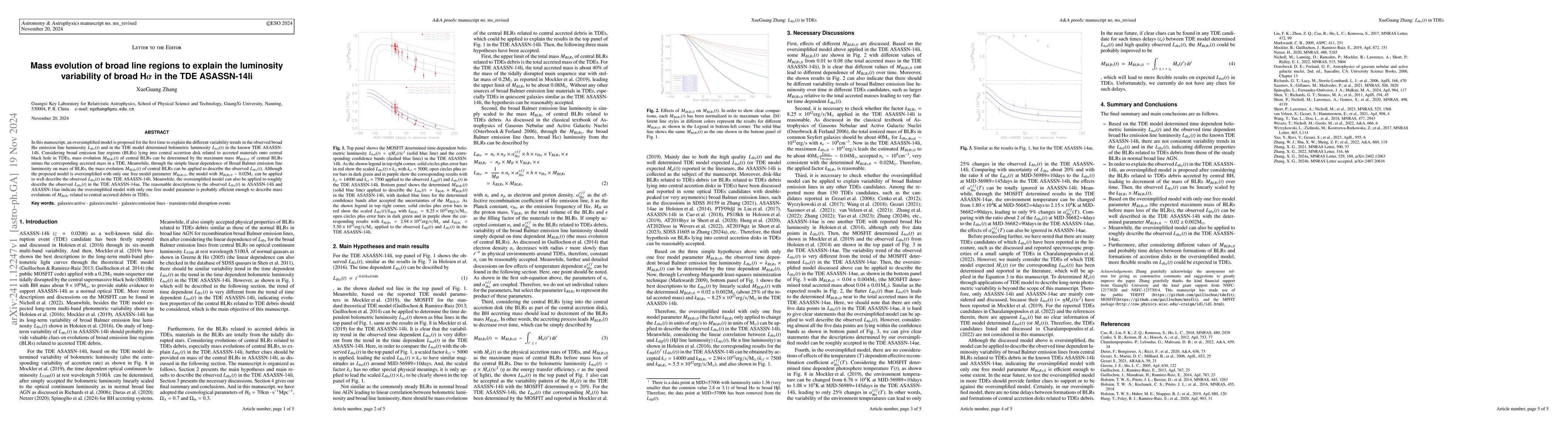 Thumbnail for Mass evolution of broad line regions to explain the luminosity
  variability of broad H$α$ in the TDE ASASSN-14li