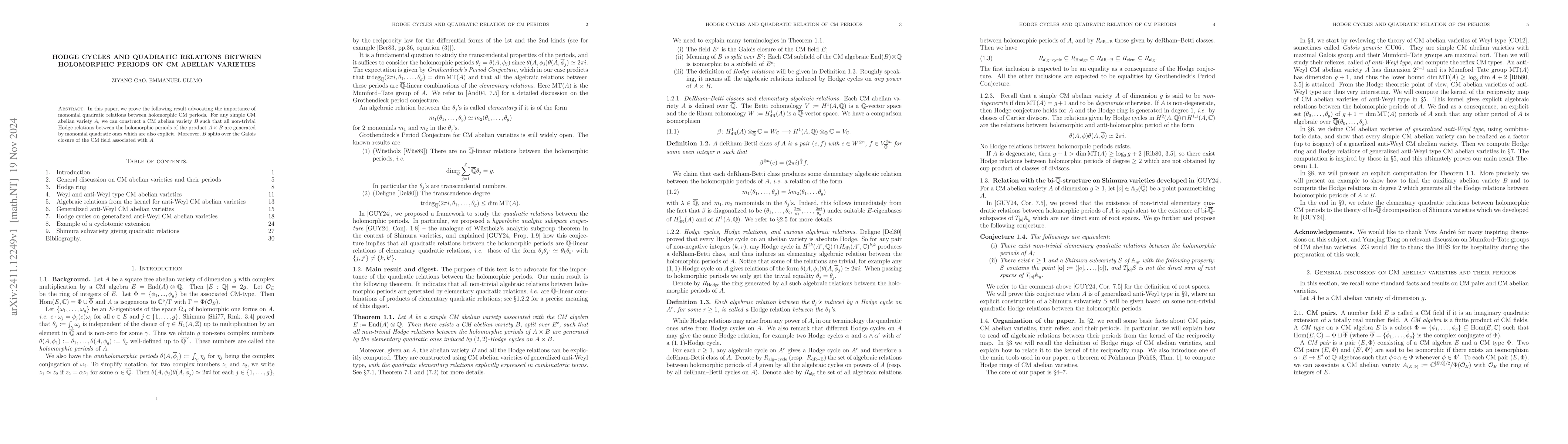 Thumbnail for Hodge cycles and quadratic relations between holomorphic periods on CM
  abelian varieties