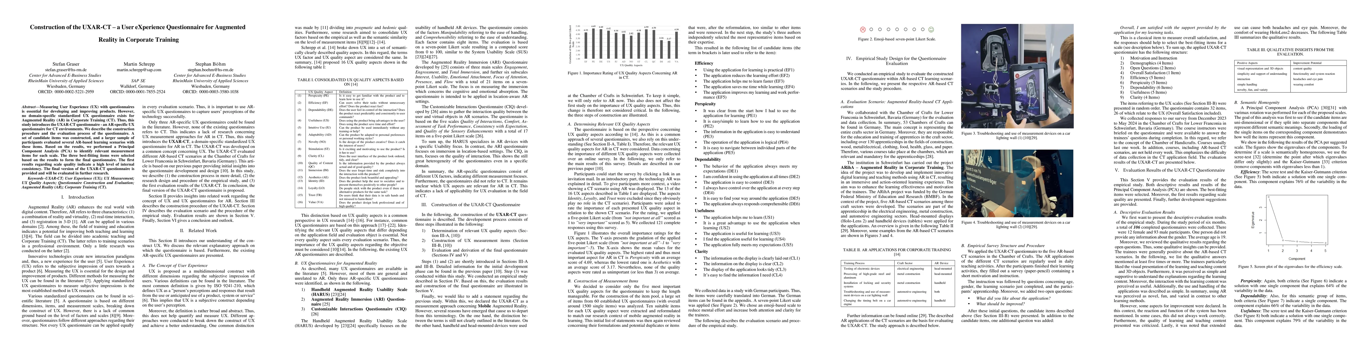 Thumbnail for Construction of the UXAR-CT -- a User eXperience Questionnaire for
  Augmented Reality in Corporate Training