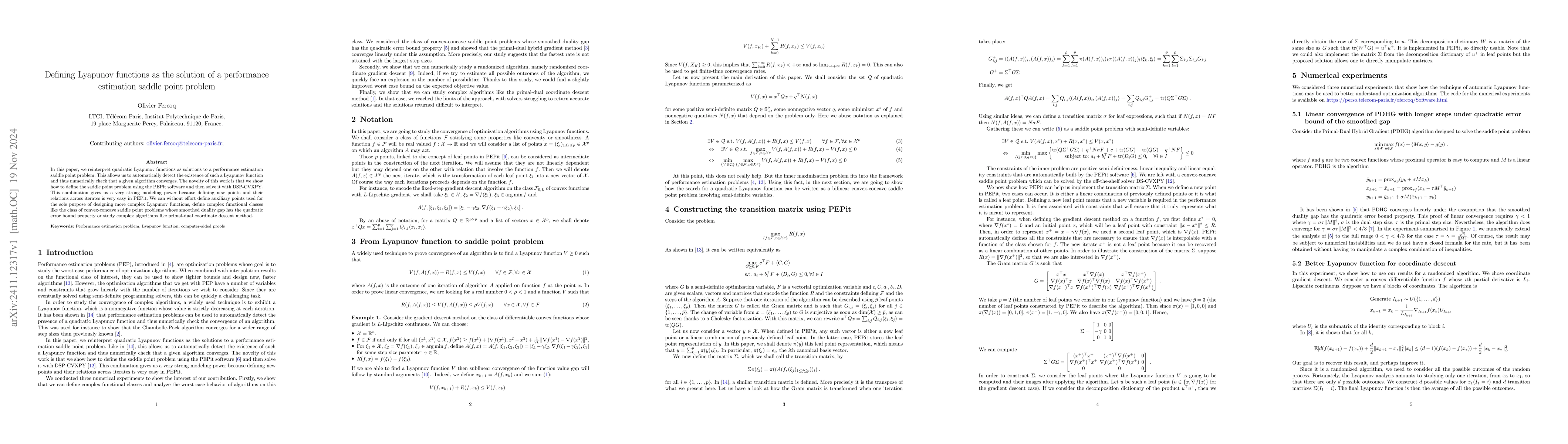 Thumbnail for Defining Lyapunov functions as the solution of a performance estimation
  saddle point problem