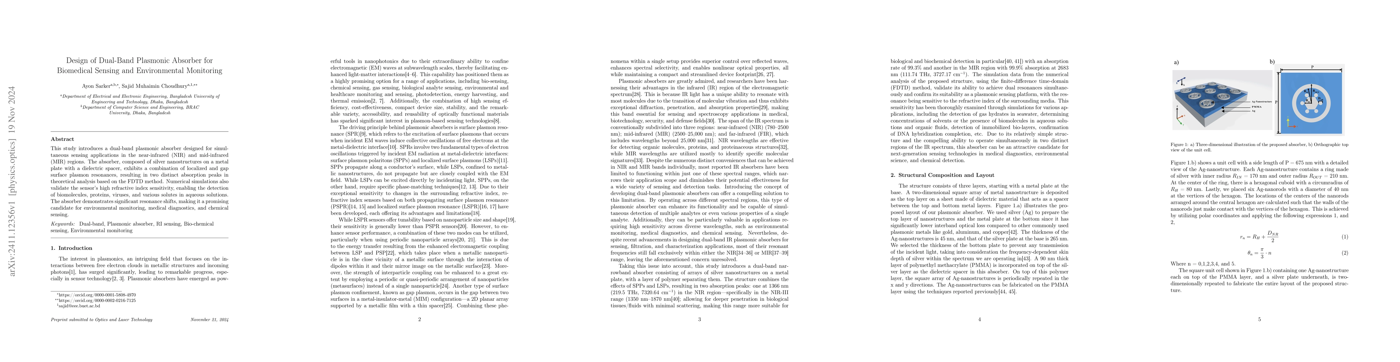 Thumbnail for Design of Dual-Band Plasmonic Absorber for Biomedical Sensing and
  Environmental Monitoring