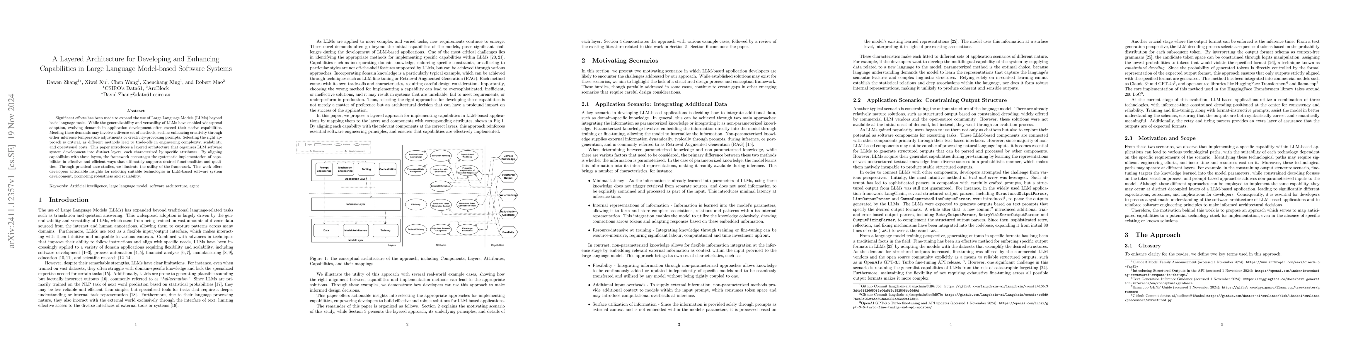 Thumbnail for A Layered Architecture for Developing and Enhancing Capabilities in
  Large Language Model-based Software Systems