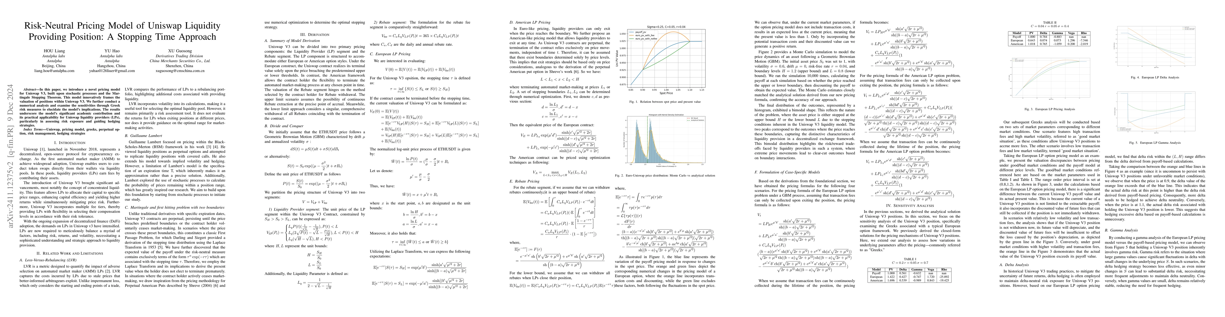 Thumbnail for Risk-Neutral Pricing Model of Uniswap Liquidity Providing Position: A
  Stopping Time Approach