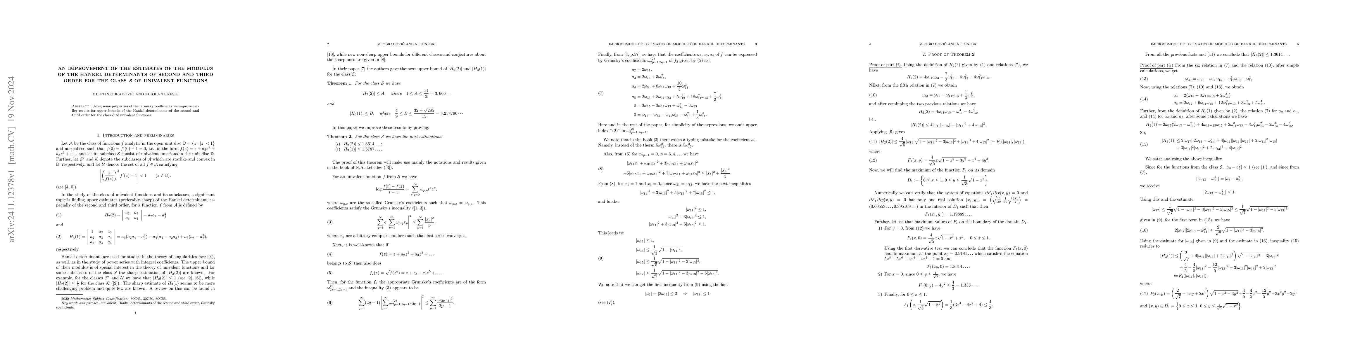 Thumbnail for An improvement of the estimates of the modulus of the Hankel
  determinants of second and third order for the class $\mathcal{S}$ of
  univalent functions