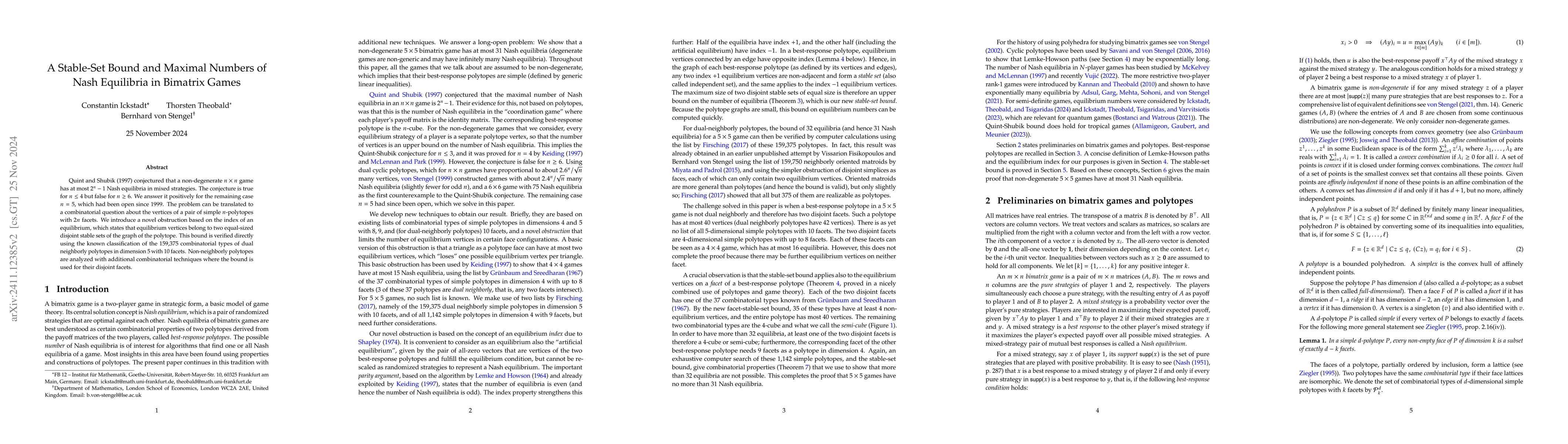 Thumbnail for A Stable-Set Bound and Maximal Numbers of Nash Equilibria in Bimatrix
  Games