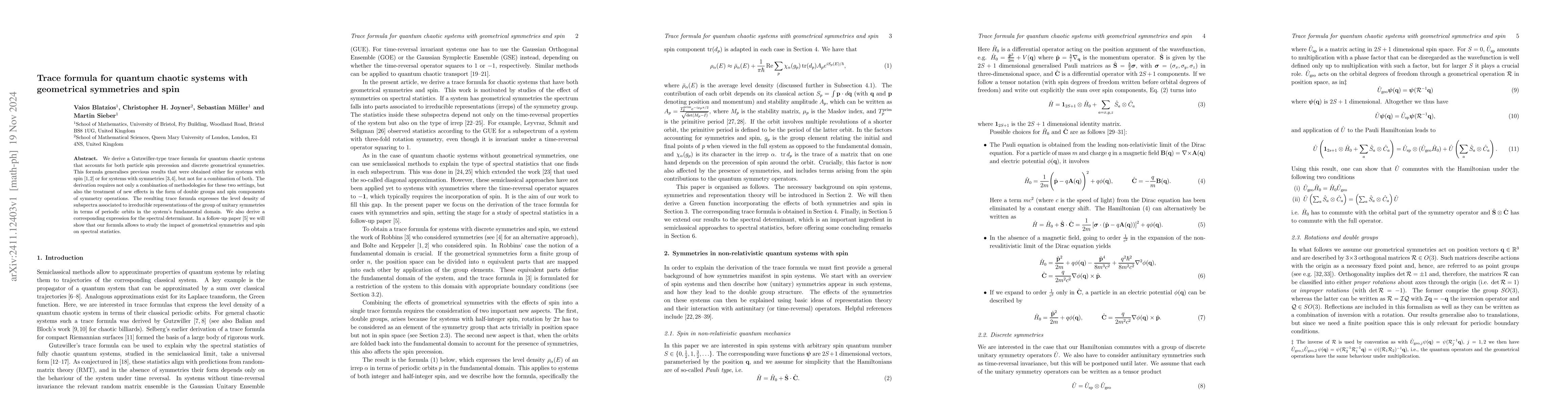 Thumbnail for Trace formula for quantum chaotic systems with geometrical symmetries
  and spin