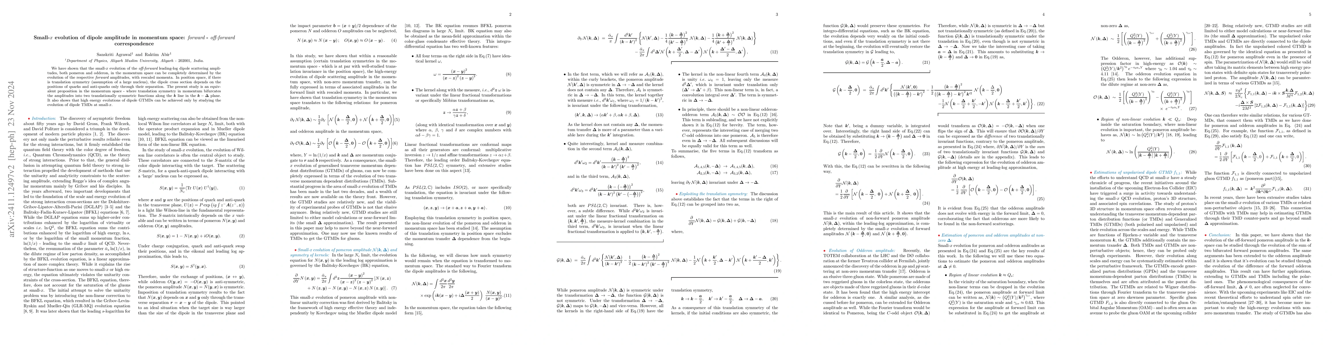 Thumbnail for Small-$x$ evolution of dipole amplitude in momentum space:
  forward--off-forward correspondence
