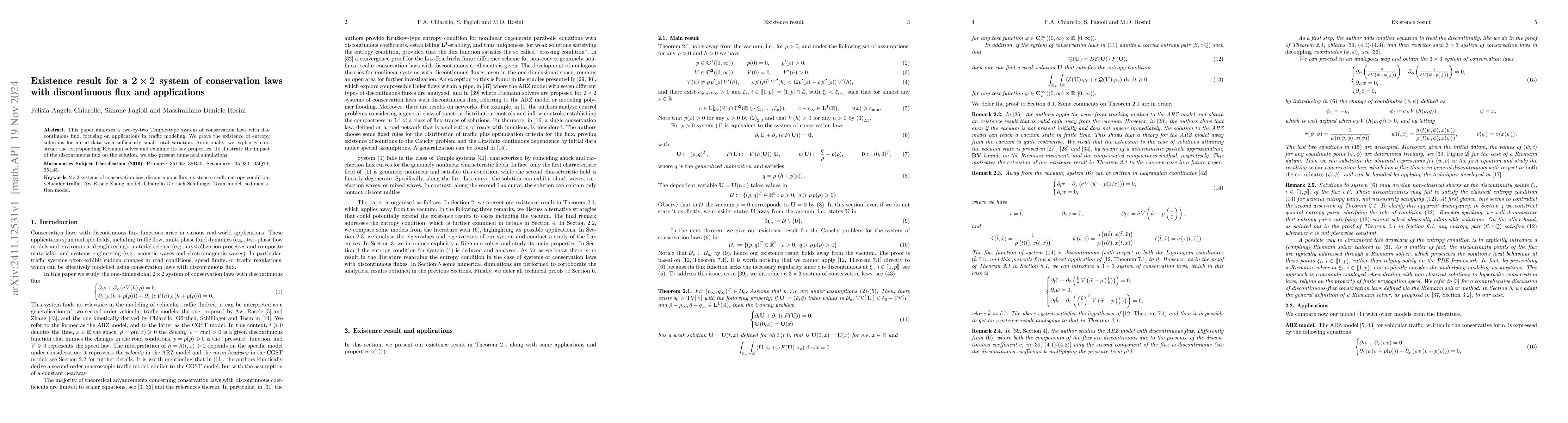 Thumbnail for Existence result for a 2 x 2 system of conservation laws with
  discontinuous flux and applications
