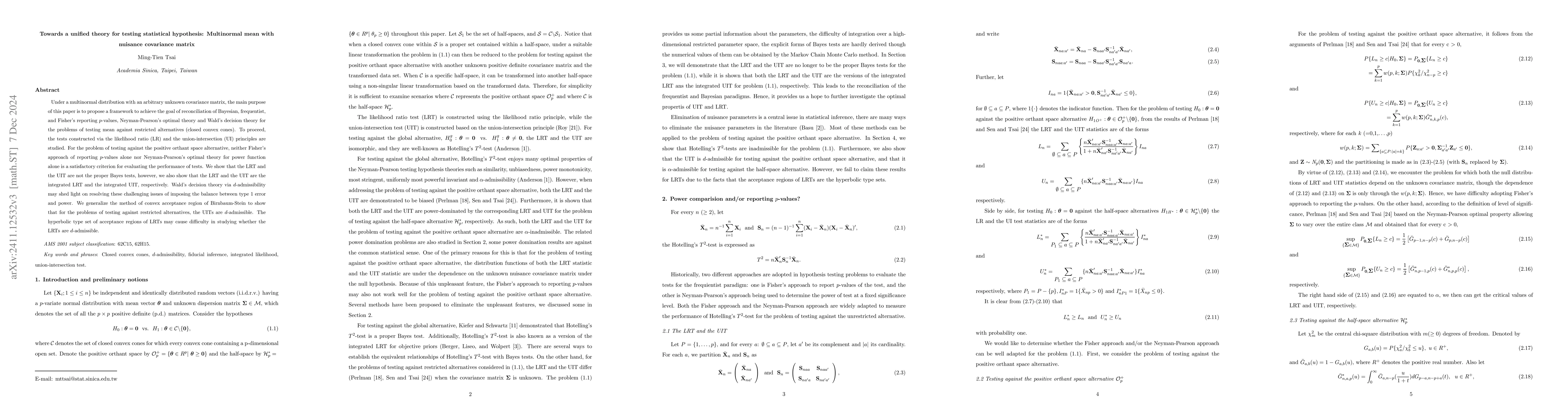 Thumbnail for Towards a unified theory for testing statistical hypothesis: Multinormal
  mean with nuisance covariance matrix