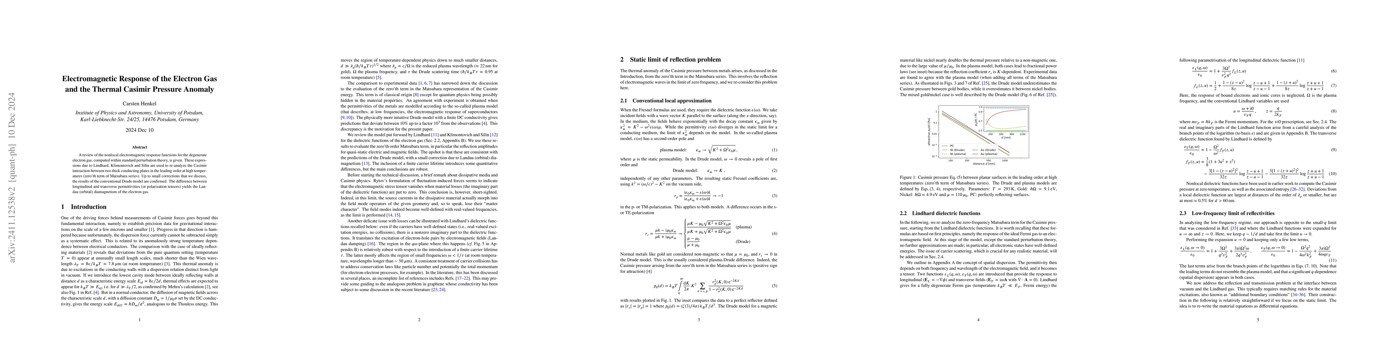 Thumbnail for Electromagnetic Response of the Electron Gas and the Thermal Casimir
  Pressure Anomaly