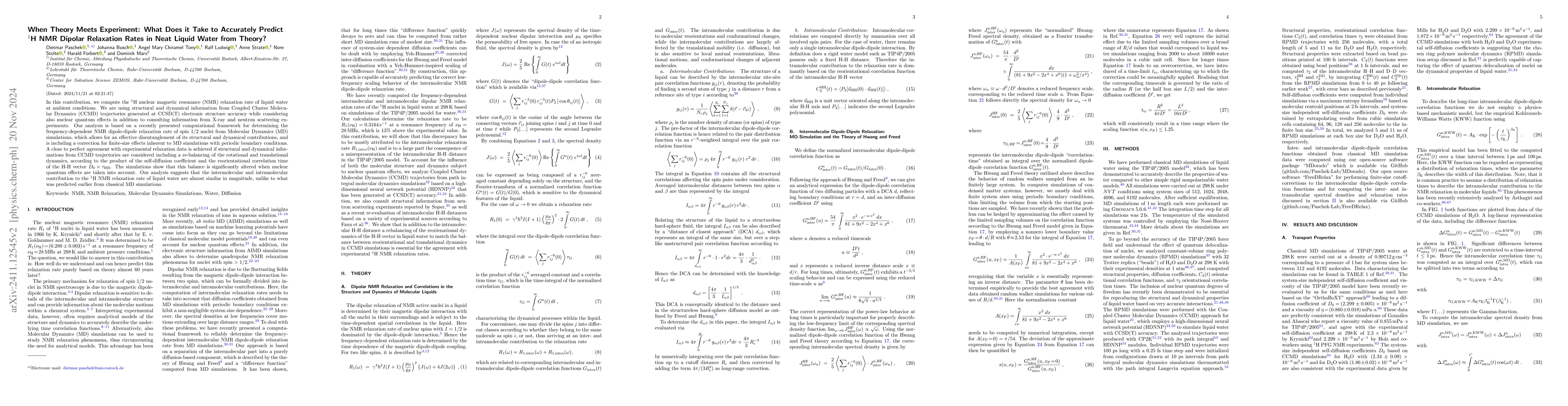 Thumbnail for When Theory Meets Experiment: What Does it Take to Accurately Predict
  $^1$H NMR Dipolar Relaxation Rates in Neat Liquid Water from Theory?