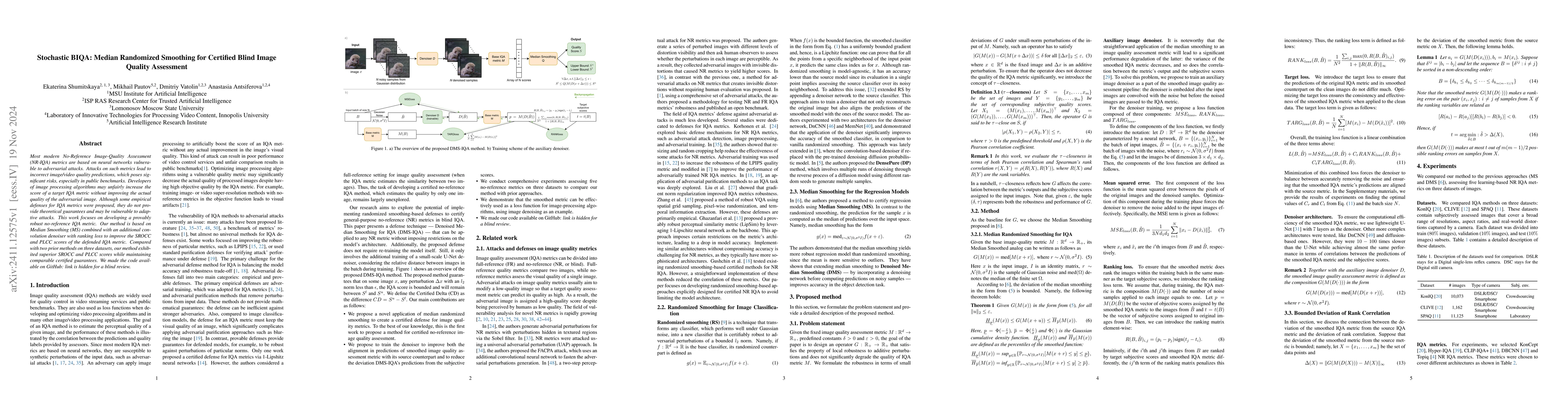 Thumbnail for Stochastic BIQA: Median Randomized Smoothing for Certified Blind Image
  Quality Assessment