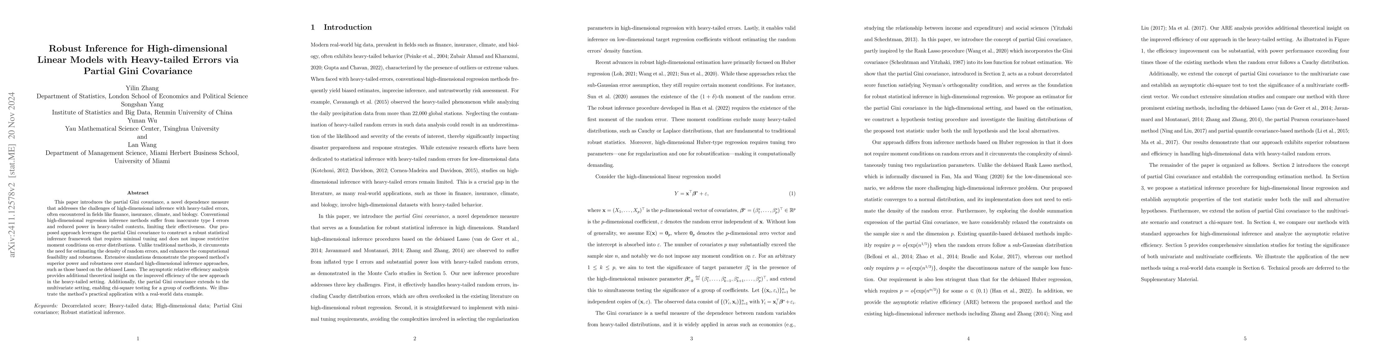 Thumbnail for Robust Inference for High-dimensional Linear Models with Heavy-tailed
  Errors via Partial Gini Covariance