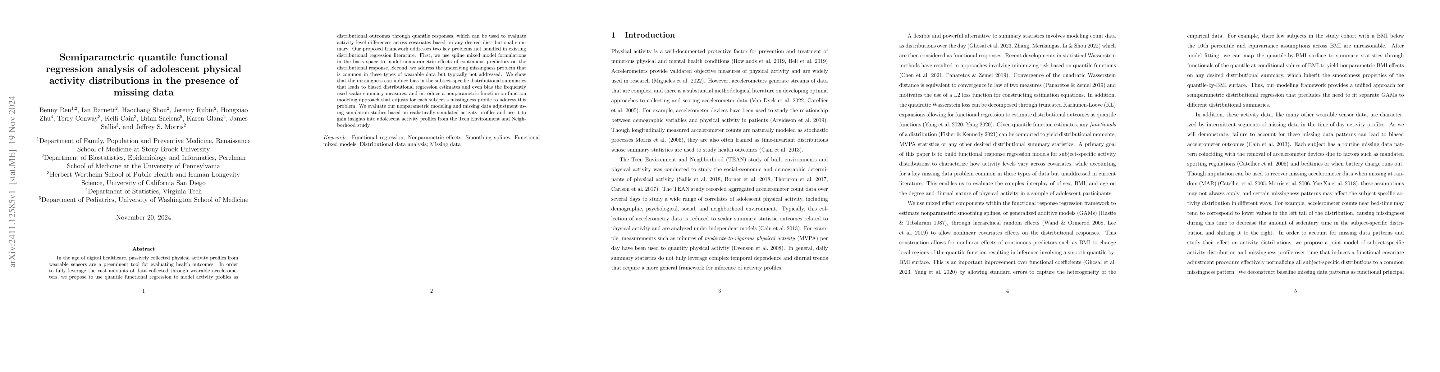 Thumbnail for Semiparametric quantile functional regression analysis of adolescent
  physical activity distributions in the presence of missing data