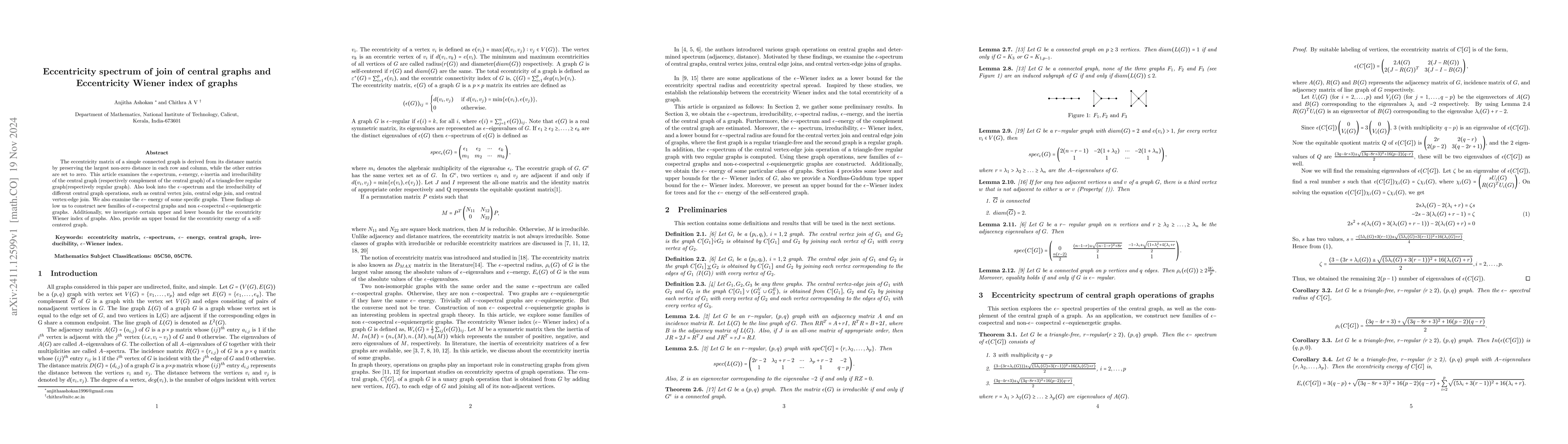 Thumbnail for Eccentricity spectrum of join of central graphs and Eccentricity Wiener
  index of graphs